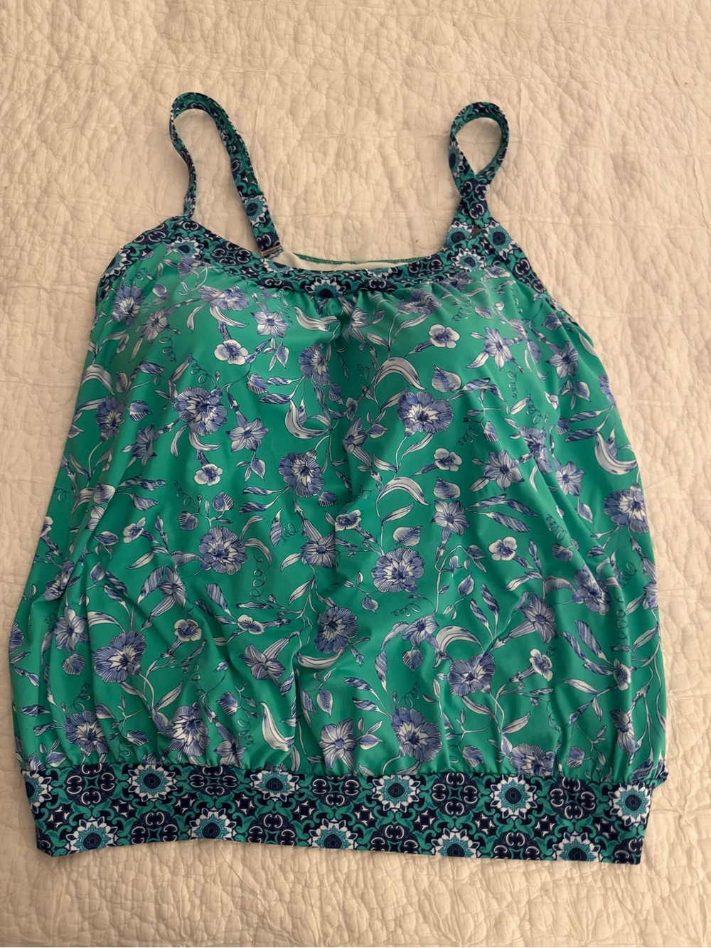 Lands End Floral Tankini Swim Top Blue Gingham Trim Womens Size 26W